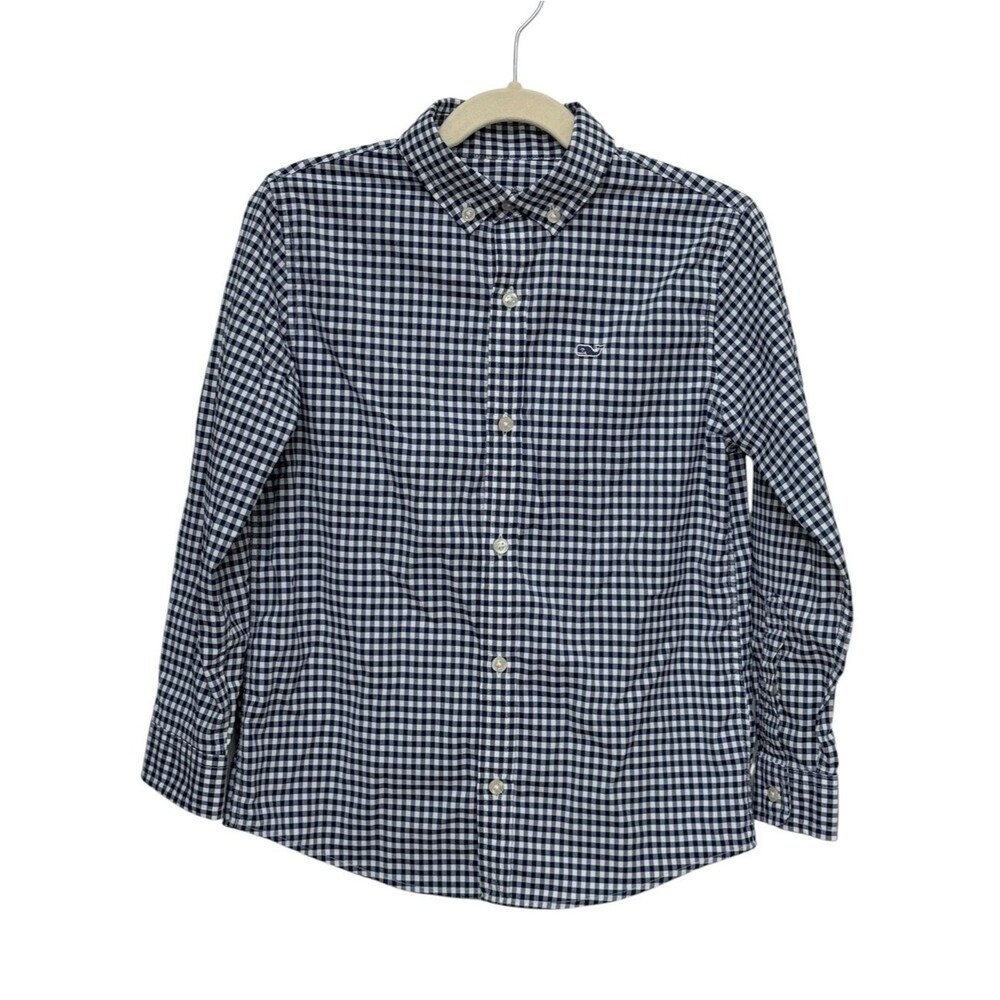 Vineyard Vines Kids Long Sleeve Blue Gingham Button Down Performance Shirt. 6.